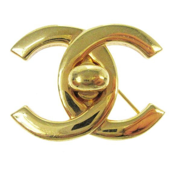 AUTH CHANEL CC Logos Turnlock Motif Brooch Pin Corsage Gold-Tone 96P Vintage - Picture 1 of 4
